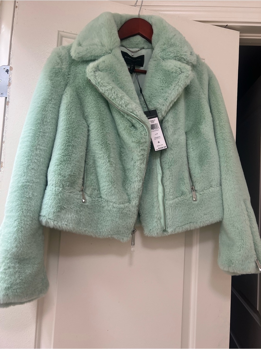 NWT BCBGMAXAZRIA Violet Faux Fur Moto Jacket Pistachio Size S